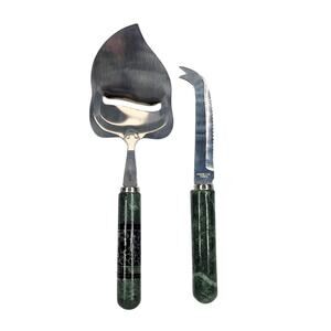 MERVYNS VINTAGE 80's MARBLE‑HANDLE CHEESE SLICER & KNIFE SET – STAINLESS STEEL